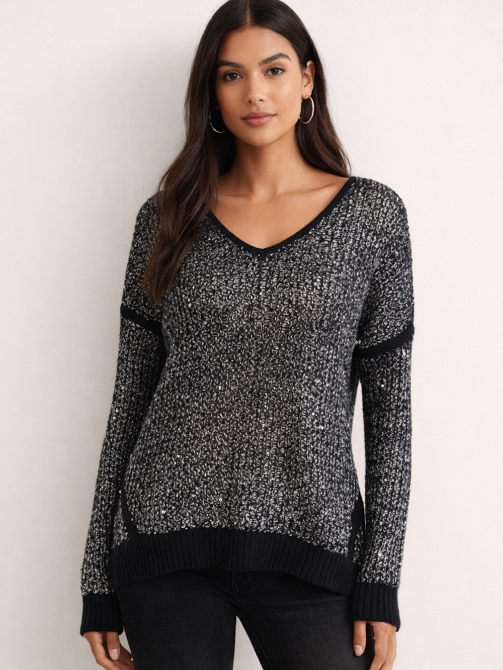 DKNY Jeans Black Grey Sequin Knit Sweater V-Neck Loose Metallic Sparkle Top M - Picture 3 of 9